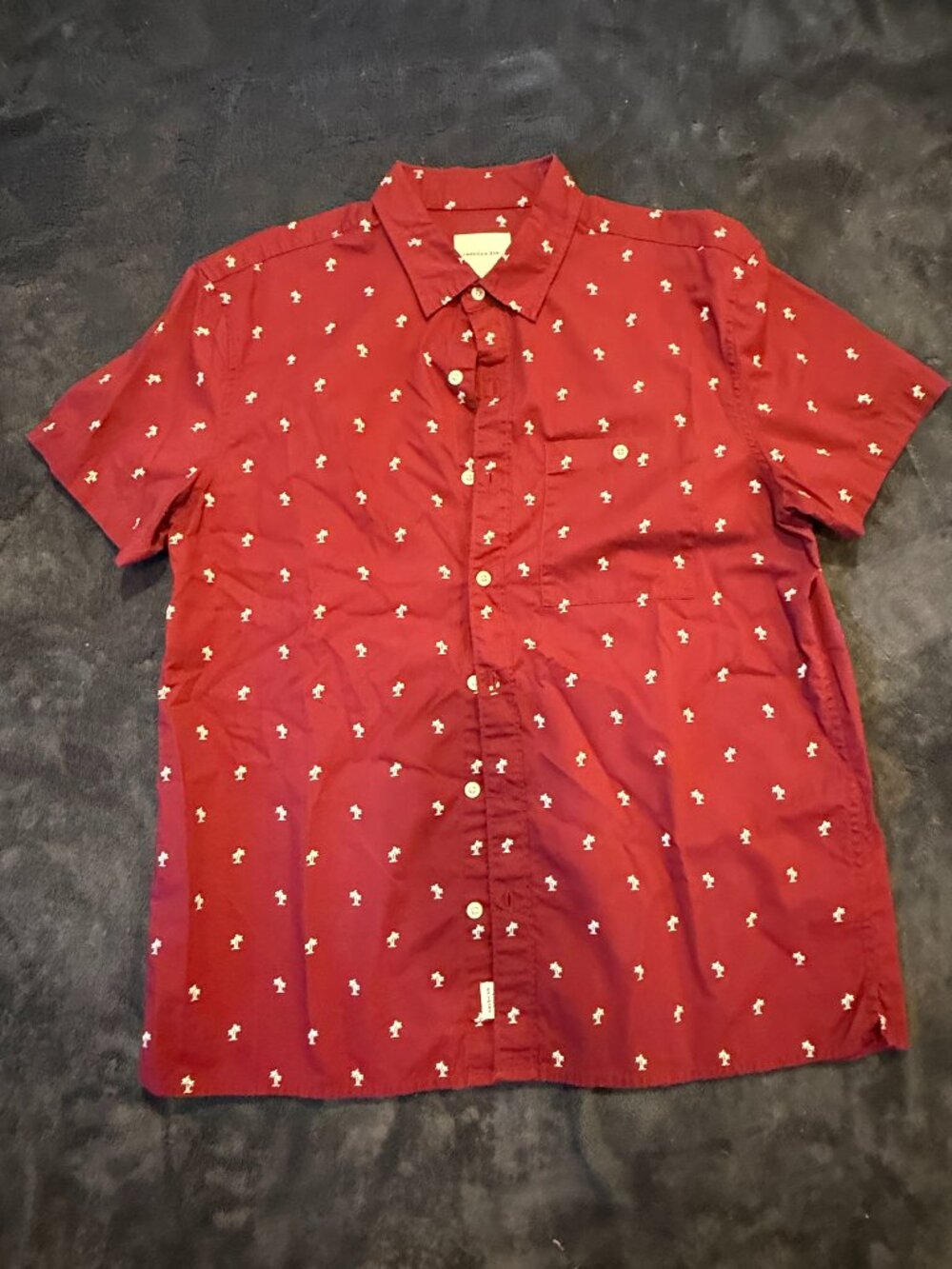 American Eagle Palm Tree Shirt Mens Large L Short Sleeve Button Down Red Cotton